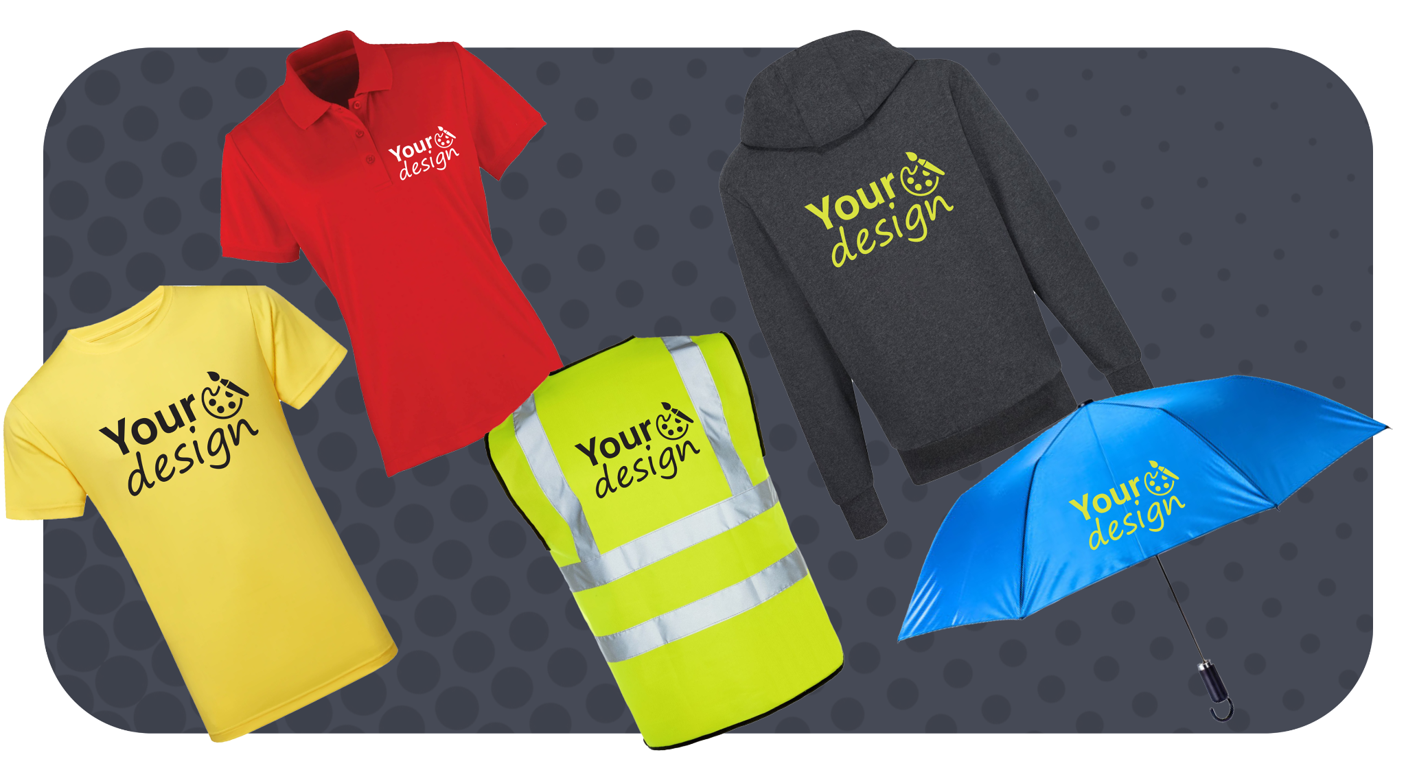 Custom branded T-shirt, polo shirt, hoodie, hi-vis vest and umbrella